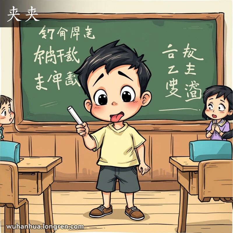 一位武汉小学生在教室黑板前写字，舌头微微伸出，表情专注且沮丧，背景是老式教室和好奇的同学。