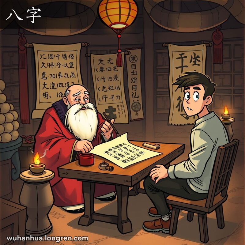 一个传统的中国算命先生在房间里为一位年轻人写下八字，年轻人表情期待而紧张。