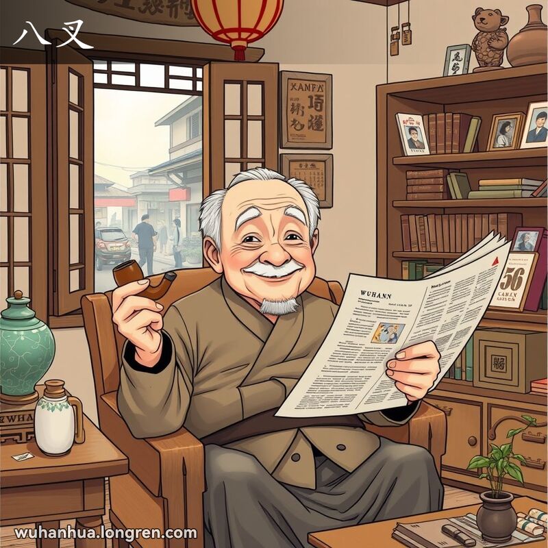 一位老人坐在传统武汉家庭中，手持烟斗和报纸，背景是老街景和书架，表达“八叉”的含义。