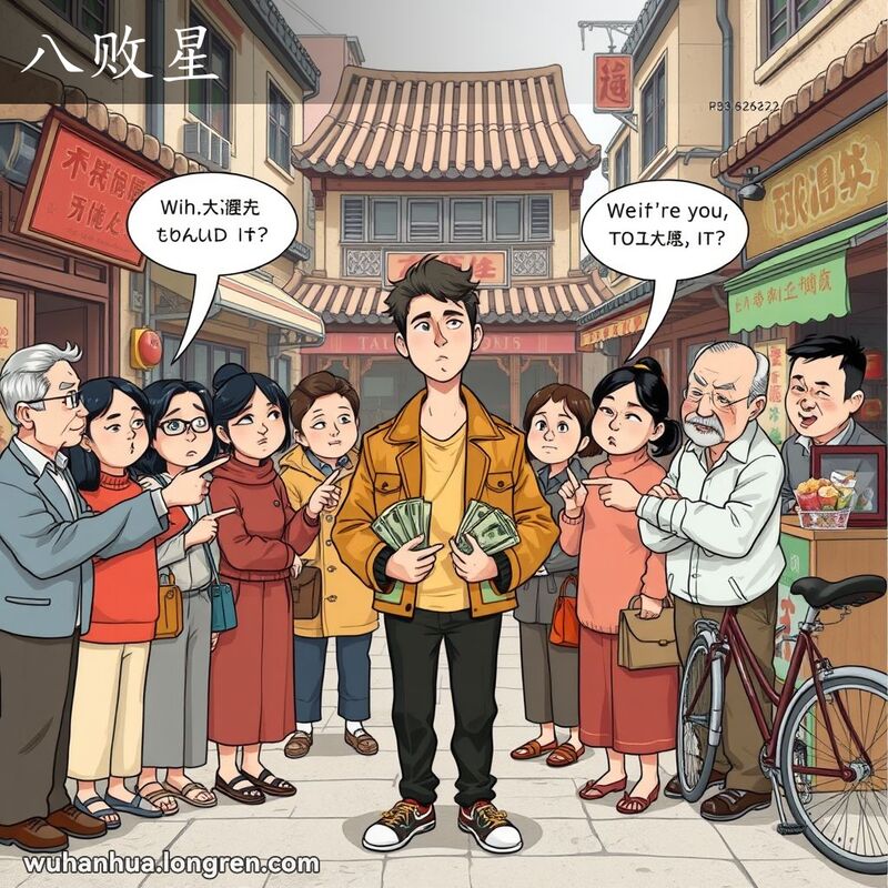 一位年轻人在武汉老街上，手持钞票，显得懒散，周围居民指责他，背景有茶馆和小摊贩