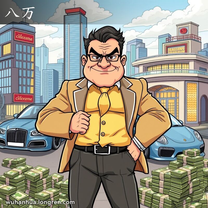 一位富翁站在豪车和豪宅前，表情傲慢，周围堆满钱币，背景是繁华的城市景观
