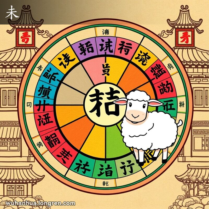 传统农历轮盘，第八位是羊的图标，象征“未”字，背景是古老的中国建筑和文化元素