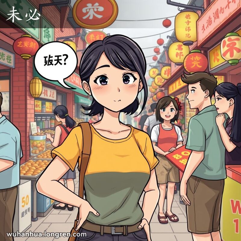 一位年轻的武汉女子在市场中，表情困惑，手指向朋友，背景是热闹的市场场景