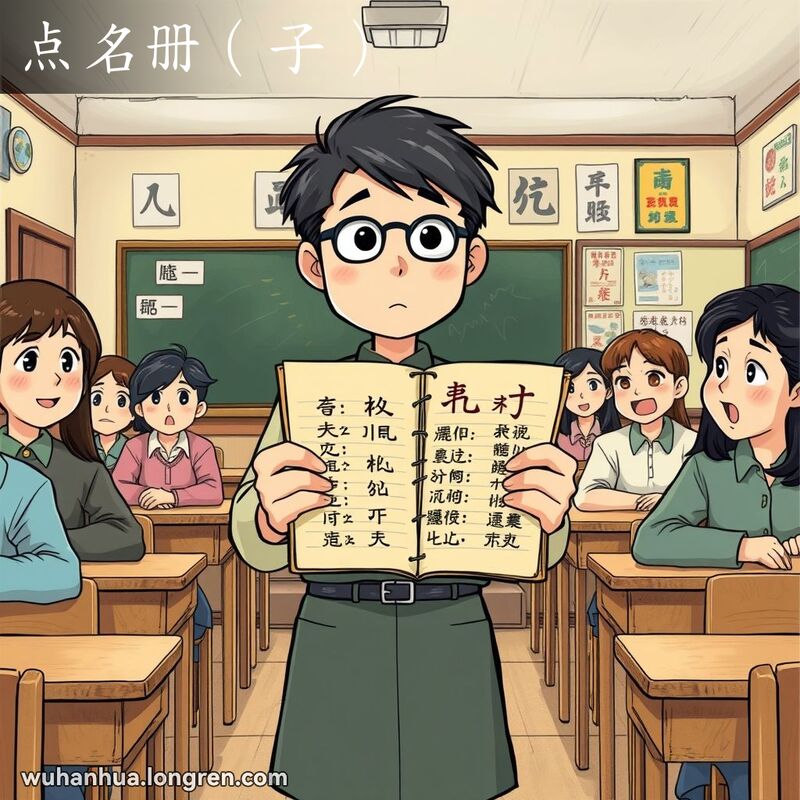 一位老师在武汉老校舍的教室里点名，手持点名册，学生们回应点名，背景是怀旧的教室场景。