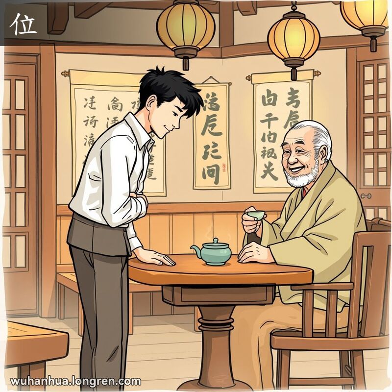 一位年轻人在武汉茶馆中恭敬地向长者鞠躬，长者微笑手持茶杯，背景有传统茶馆元素