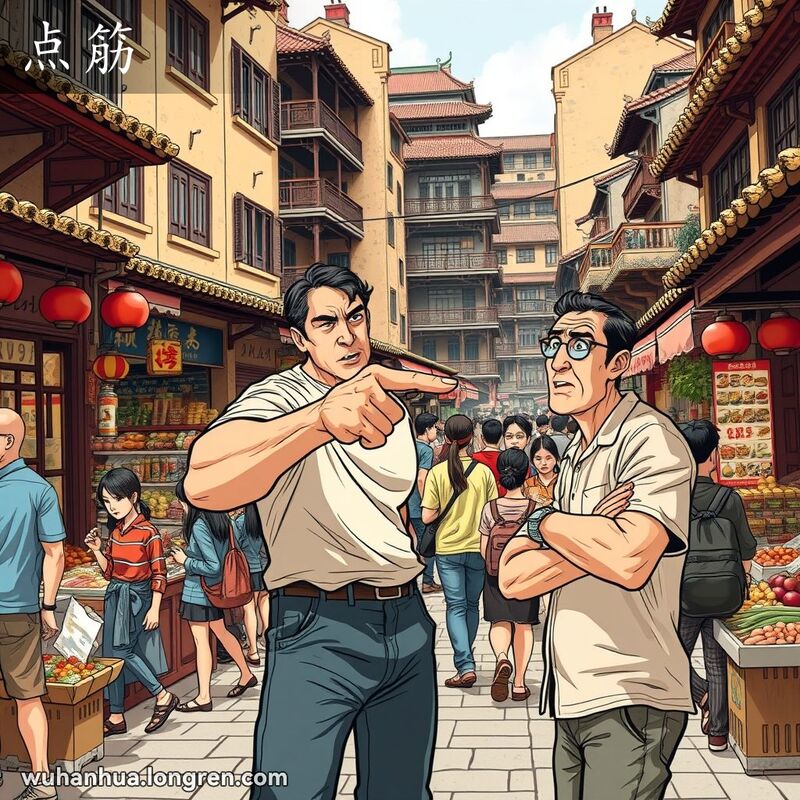 两位武汉市民在街头对话，一位市民指着另一位市民，表情自信，背景是武汉老街景