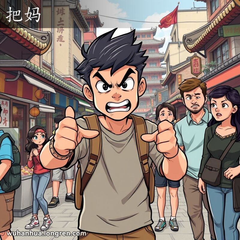 一位年轻男子在武汉街头愤怒地骂人，朋友们惊讶地看着他，背景是热闹的街头生活。