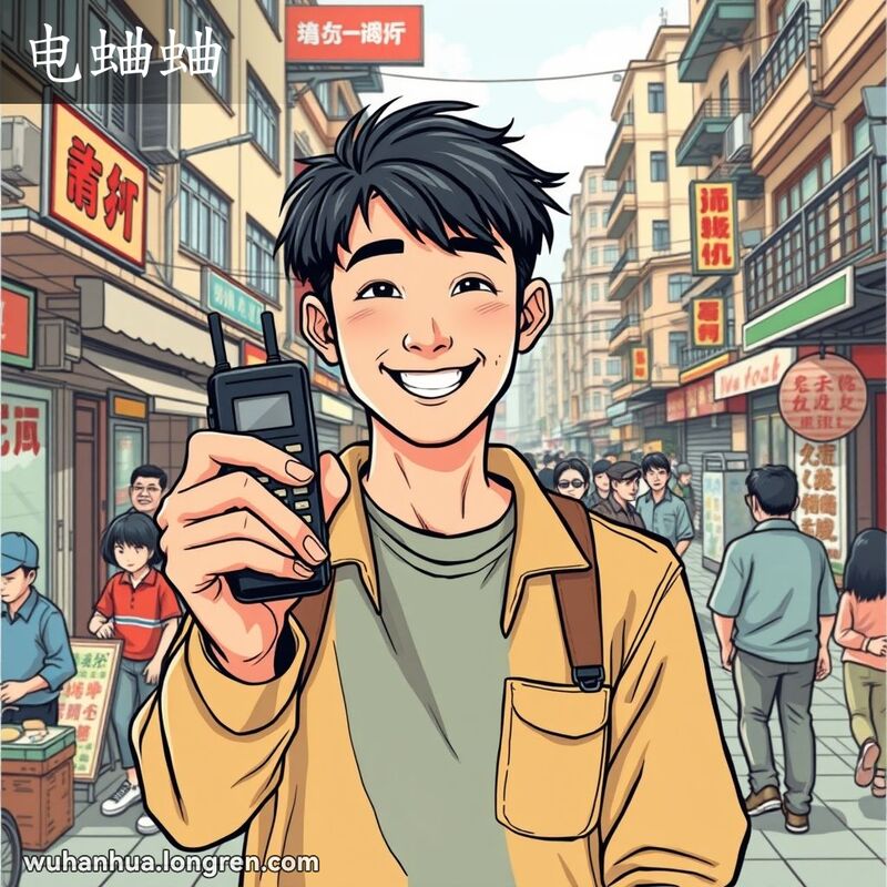 一位年轻的武汉市民手持无线电寻呼机（BP机），背景是90年代的武汉街道