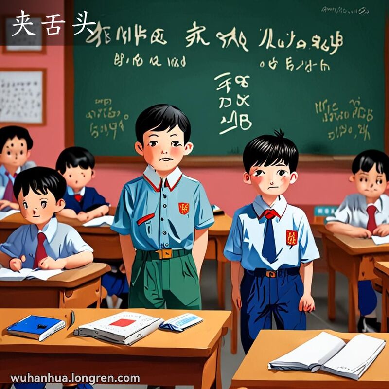 一位武汉小学生在课堂上试图说话但舌头不灵活，露出尴尬和挫败的表情，老师和同学们关切地看着他，背景是典型的中国教室