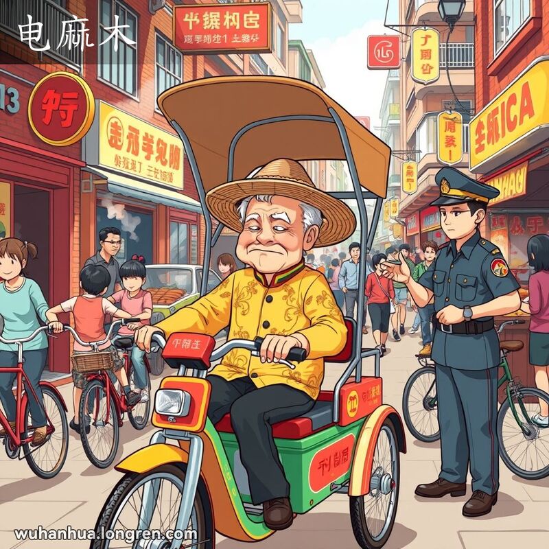 武汉街头，老王坐在电动三轮车上，警察走近要没收车辆，背景是武汉老街景