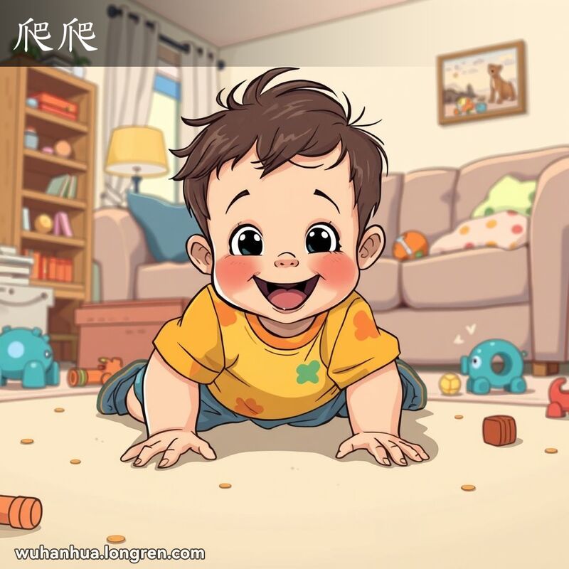 一个小孩在客厅地板上快乐地爬行，周围散落着玩具，柔和的暖光充满了整个空间。