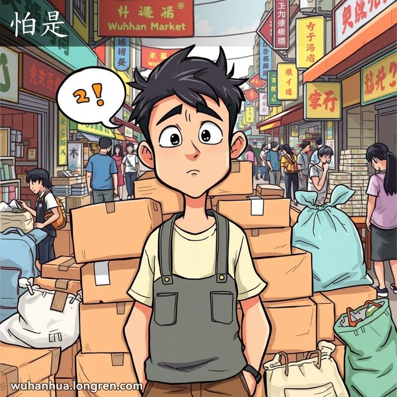 一位年轻男子站在一堆箱子和袋子前，露出担忧和不确定的表情，挠着头，显得若有所思且略显焦虑，背景是武汉繁忙的街头市场