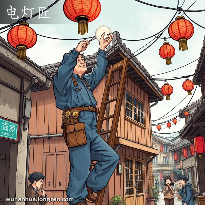 一位中年电灯匠站在梯子上修理灯泡，背景是武汉老街景