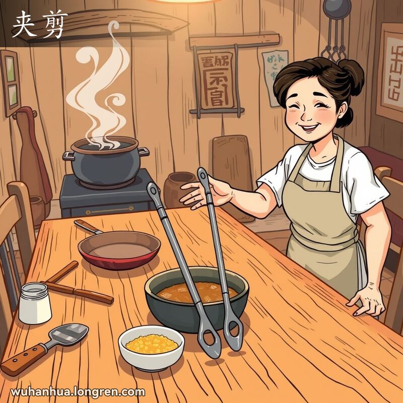 一位中年妇女在武汉厨房中微笑着拿起夹剪，背景是温馨的厨房环境