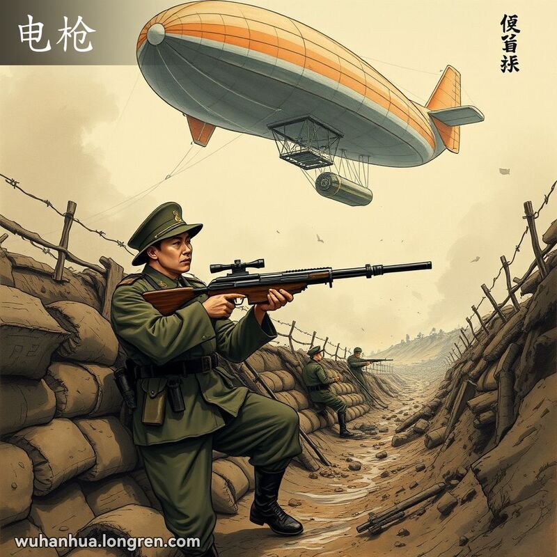 一位身穿传统中国军装的士兵手持老式机关枪瞄准高空中的飞艇，背景是战壕和其他士兵