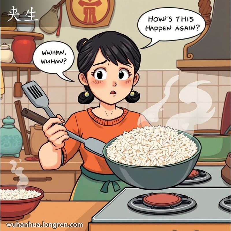 一位武汉妇女在厨房里，手持半生不熟的米饭，脸上露出困惑和失望的表情，背景是武汉家庭厨房