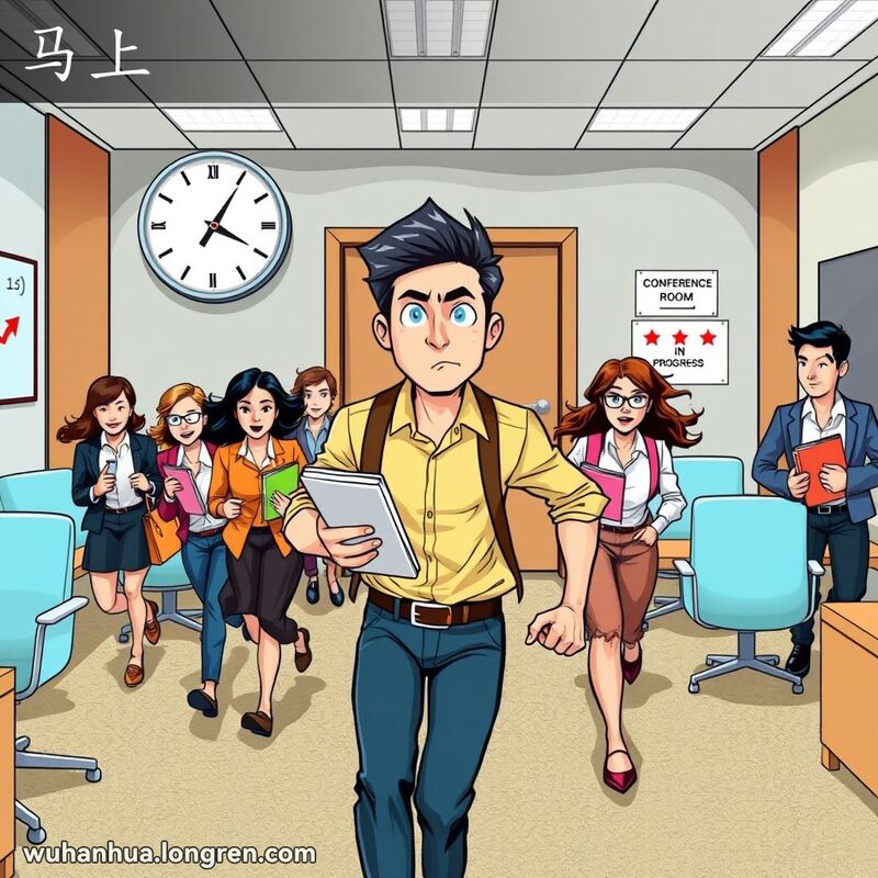 几位员工急匆匆地赶往会议室，主角带头走在前面，背景中有钟表和会议室标志