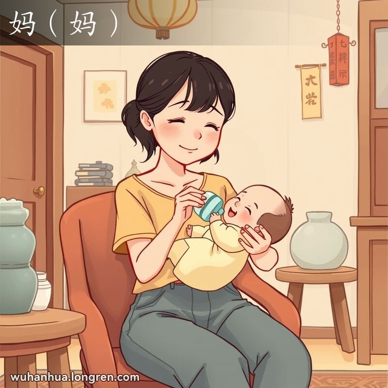 一位年轻的武汉妇女在家中怀抱婴儿，婴儿吮吸奶瓶，妇女面带微笑，背景是温馨的家庭环境
