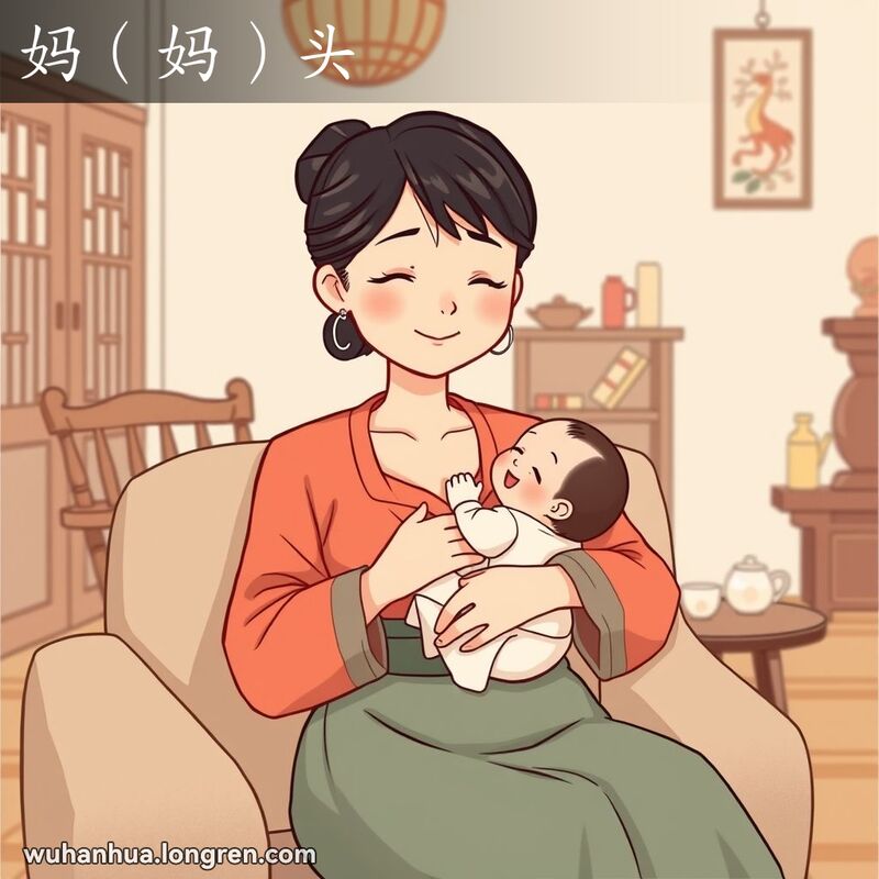 一位武汉妇女在客厅中怀抱婴儿，婴儿正在吸吮乳汁，母亲脸上带着温柔的微笑，背景有传统中式家具。