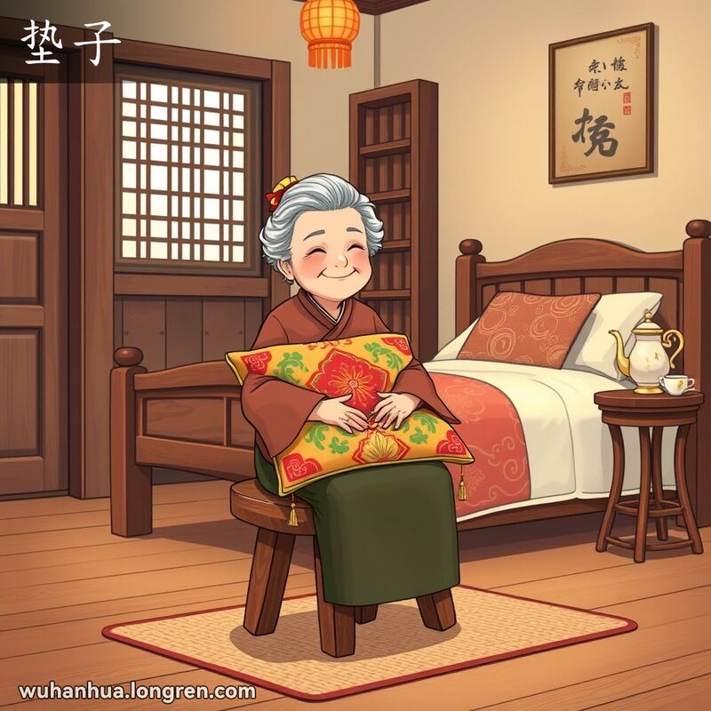 一位武汉老奶奶坐在铺有垫子的木凳上，背景有老式木床和茶几，展现温馨家庭氛围