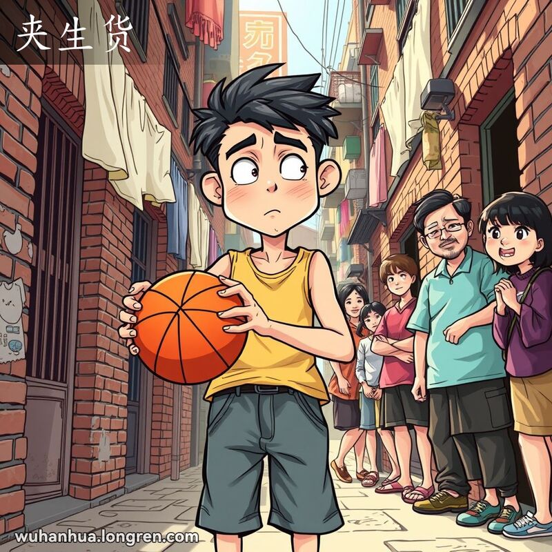 一位年轻男子在武汉老巷子里拿着篮球，显得笨拙和不知所措，背景有红砖墙和晾晒的衣物。