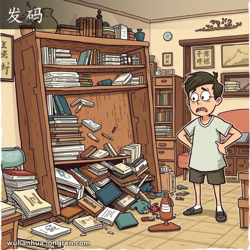 一个房间里的木架子垮塌，物品散落一地，旁边的人表情惊讶且失望，背景是武汉家庭场景。