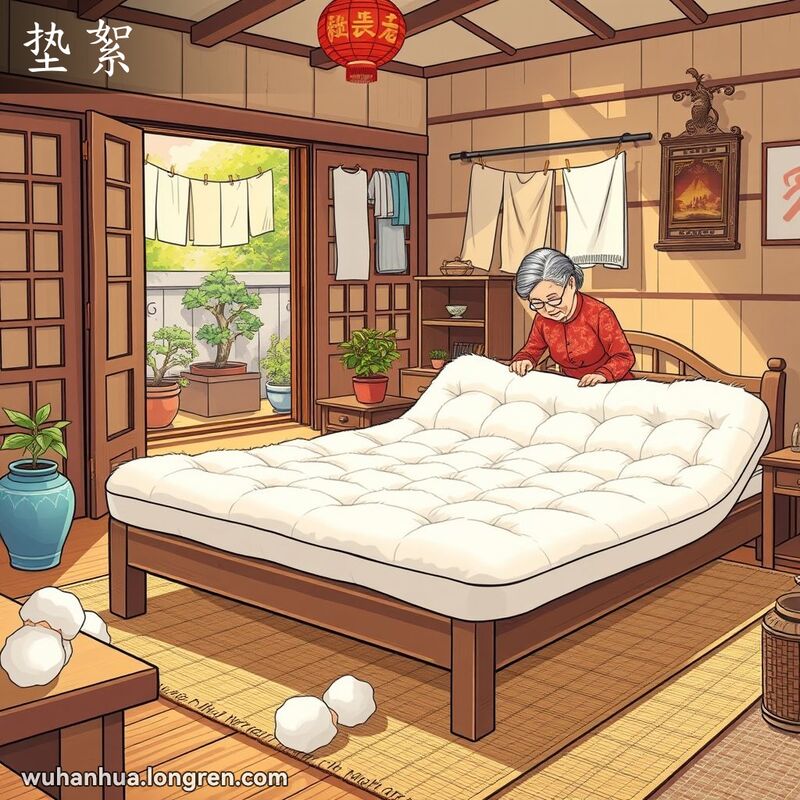 一位老奶奶在阳光下晒棉絮垫子，背景是温馨的武汉庭院