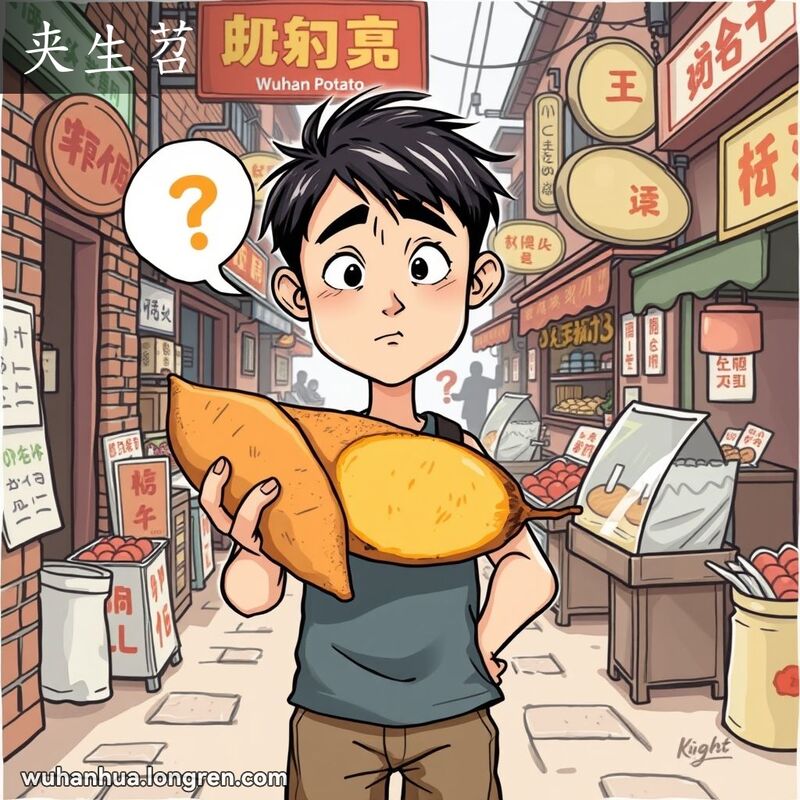 一个人手持半生不熟的红薯，表情困惑且固执，背景是武汉街头市场