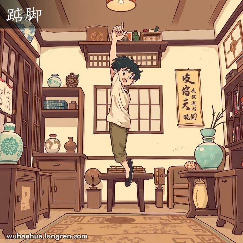 一个年轻人在武汉老式房间里踮起脚尖够高处的东西，表现出用力的表情。