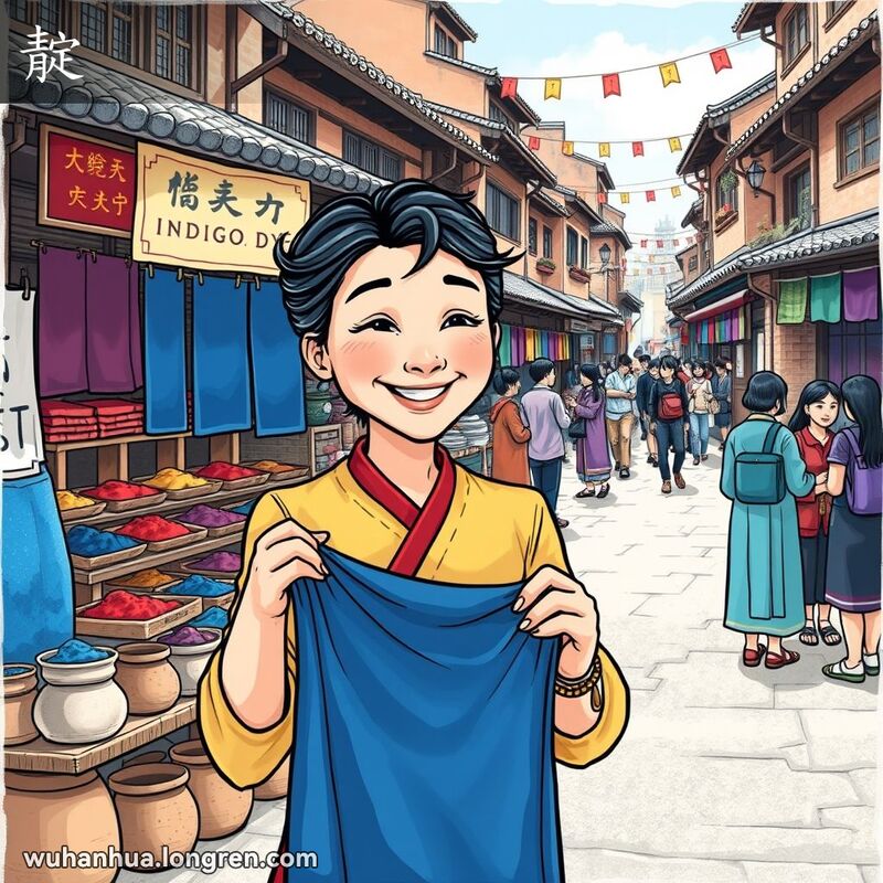 武汉传统街市，一位妇女手持靛蓝染色布料，背景是各种染料和布料的摊位