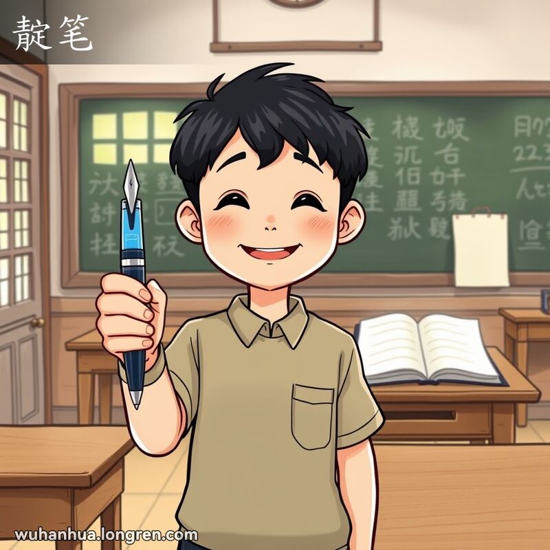 小明在教室里拿着一支老式自来水笔，背景是老式木桌和黑板