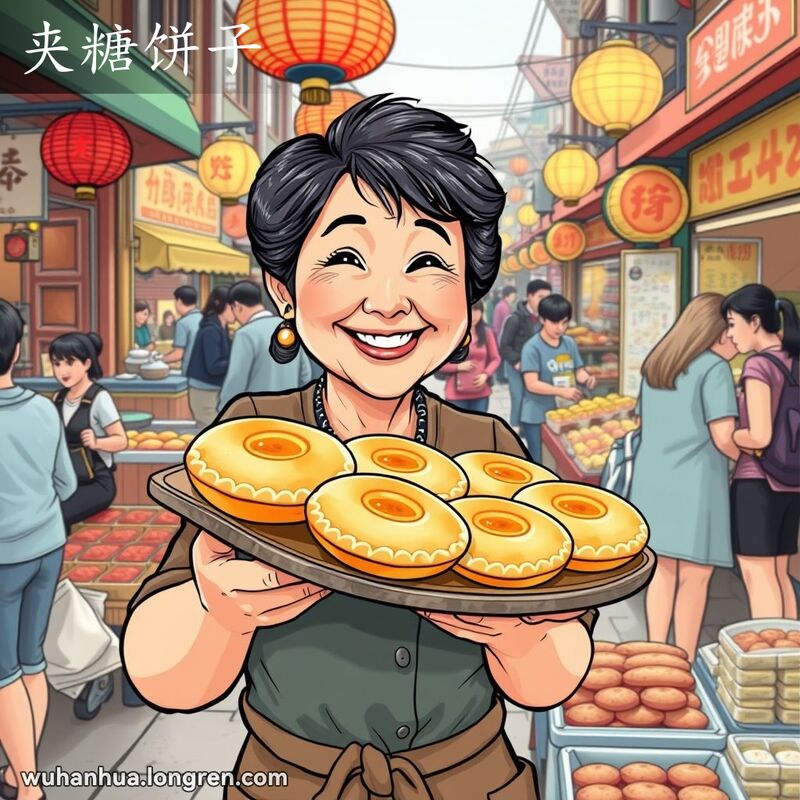 武汉街头市场，摊主微笑着展示糖馅饼子，背景有其他摊位和人群。