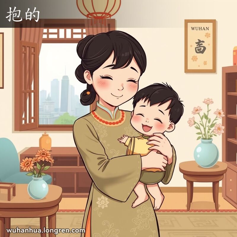 一位武汉母亲在家中温柔地抱着她的孩子，孩子显得被照顾得很好，背景是典型的武汉家庭场景