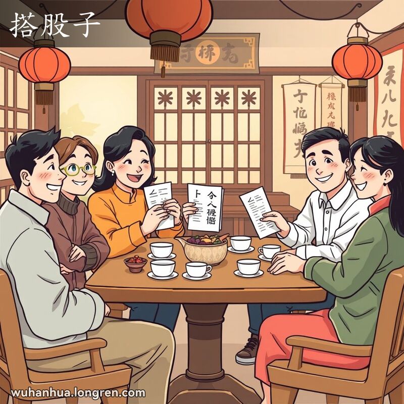 一群朋友在茶馆里分发股票证书，展现团结和合作的氛围，背景是传统中国装饰