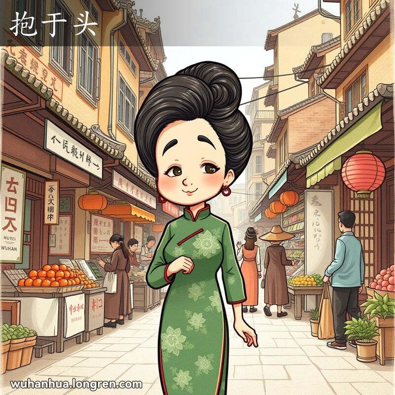 一位中年妇女在武汉老街市场中漫步，头发梳成‘抱于头’的发型，背景是繁忙的市场和传统建筑