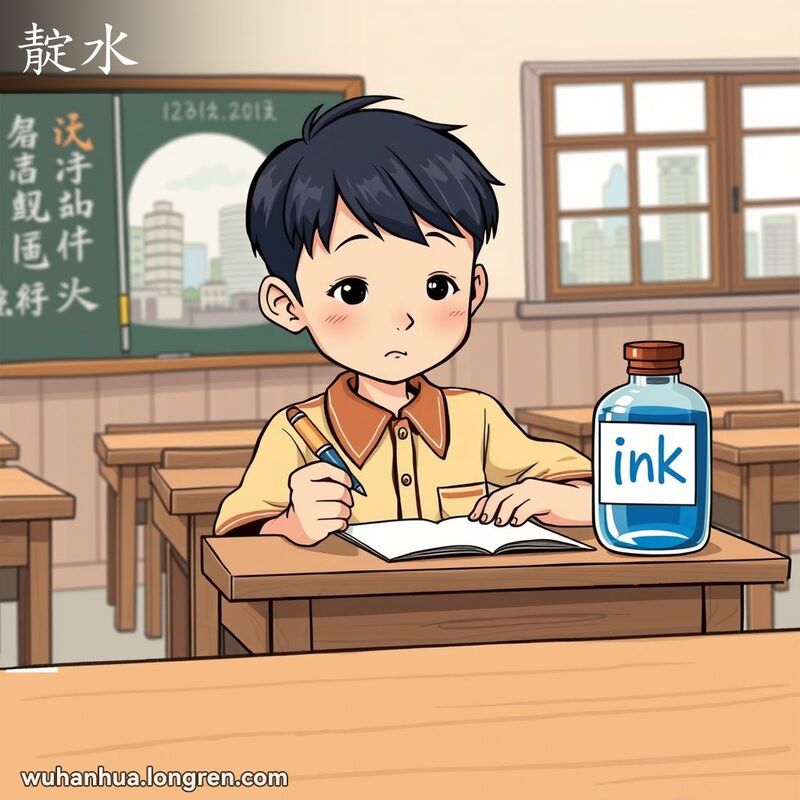 一位武汉学生坐在教室木桌前，手持钢笔和蓝色墨水瓶，背景是老式教室和武汉城市景象