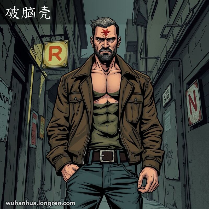 一位面容刚毅的男子站在阴暗的小巷中，额头有疤痕，背景是城市贫民窟景象