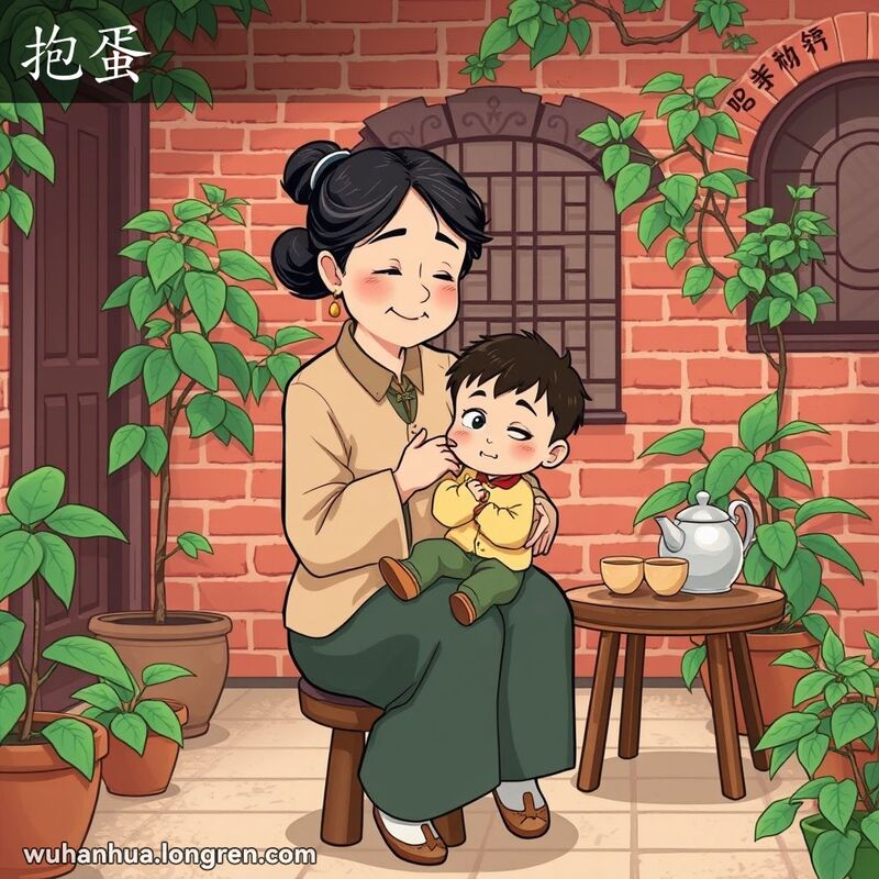 一位中年妇女在武汉传统院落中怀抱小男孩，背景有红砖墙和绿植，桌上有茶壶和武汉小吃
