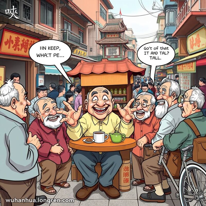 武汉街头，几位老街坊围坐在茶摊旁，一位男子正手舞足蹈地讲述不靠谱的故事，其他人露出娱乐和怀疑的表情，背景是老式店铺和小贩