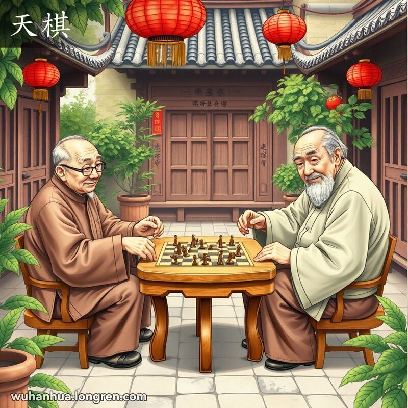 三位老人在武汉传统庭院中围坐玩天棋，背景是绿意盎然的庭院和传统中式建筑