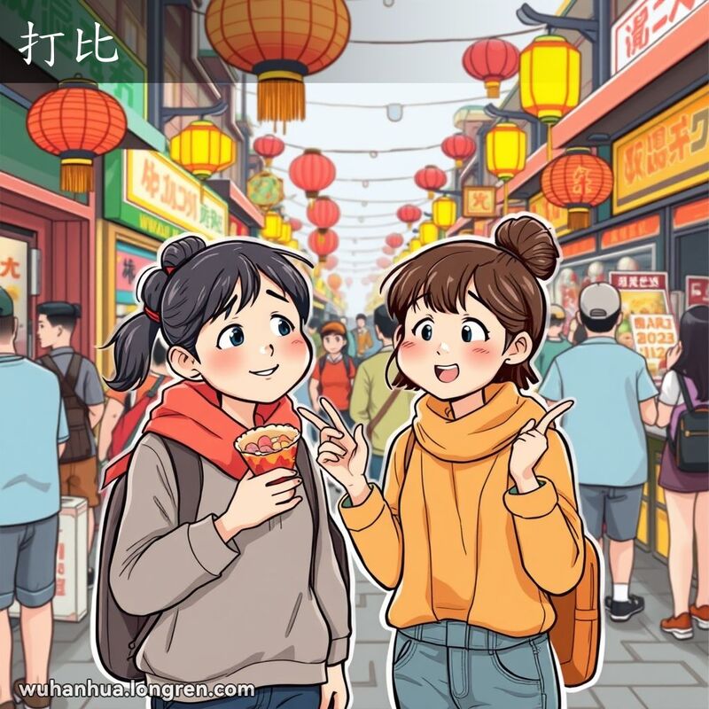 两位朋友在武汉街头市场中比较小吃，背景是色彩斑斓的市场摊位和传统中国灯笼