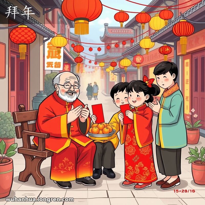 一家三口身穿传统服装，手持红包和橙子，拜访长辈，背景是热闹的春节街道