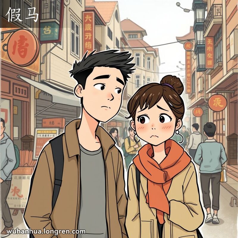 两个人在武汉街头相遇，男子假装不认识女子，女子露出困惑和略带伤心的表情，背景是武汉街景