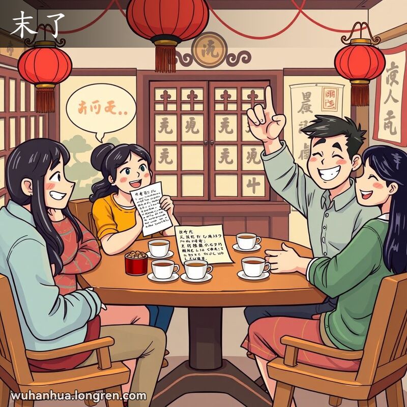 一群朋友在武汉茶馆里围坐，一个人手拿谜语纸显得困惑，另一个人举手展示答案，背景有红灯笼和书法卷轴
