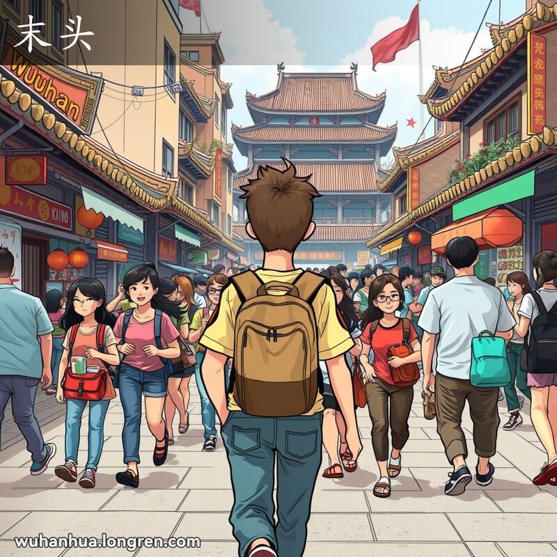一位年轻人在武汉老街上带领朋友走在队伍的末尾，背景是繁忙的街景和传统建筑