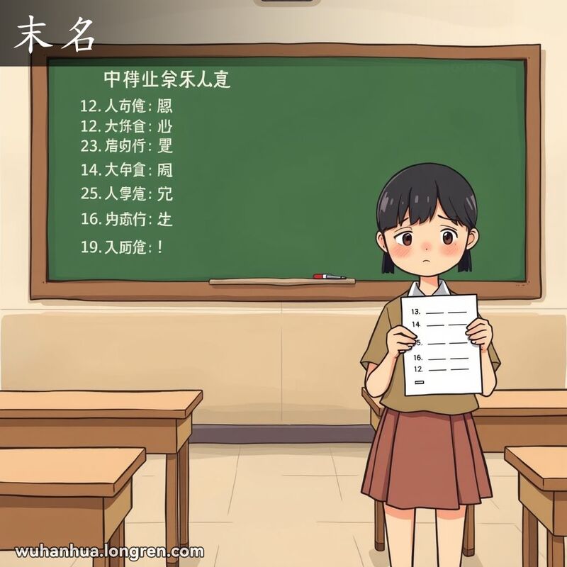 一位学生在教室里，手持考试成绩单，脸上带着失望的表情，背景是黑板上列出的名单，最后一个名字被突出显示。