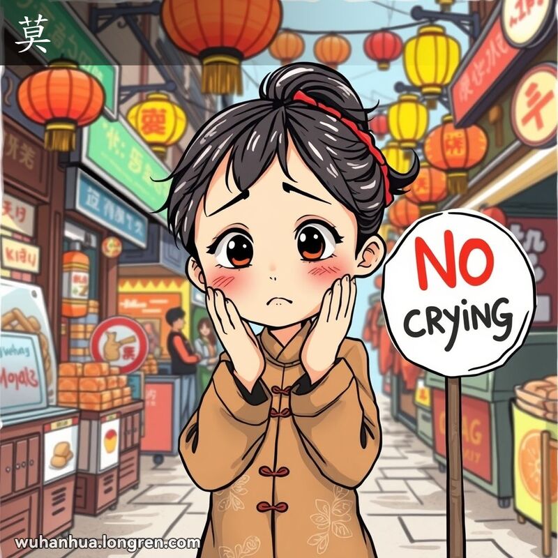 一位穿着传统服饰的小女孩站在武汉街头市场中，看着“不要哭”的标牌，背景是热闹的市场