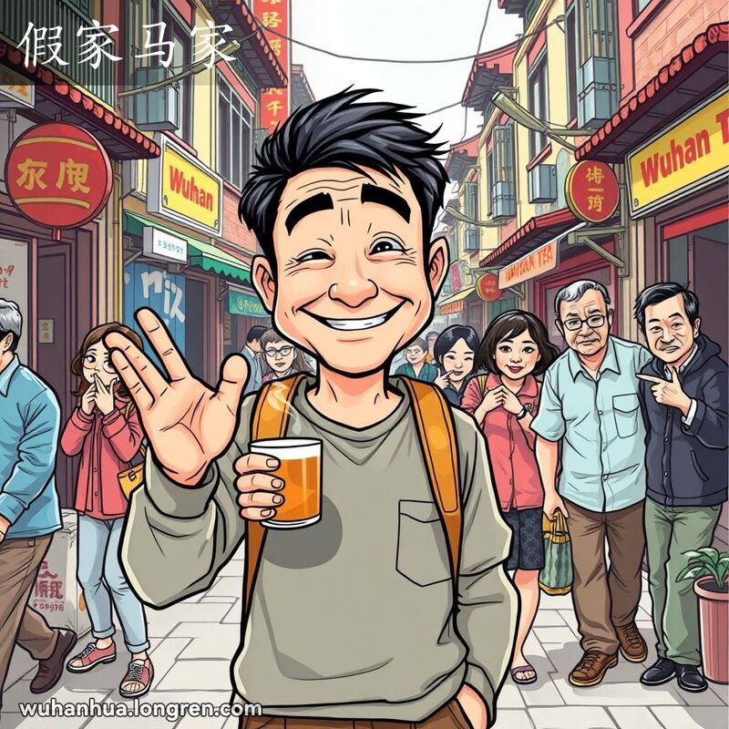 一位男子在武汉街道上露出虚伪的笑容，背景中有人窃窃私语，表现“假家马家”的场景
