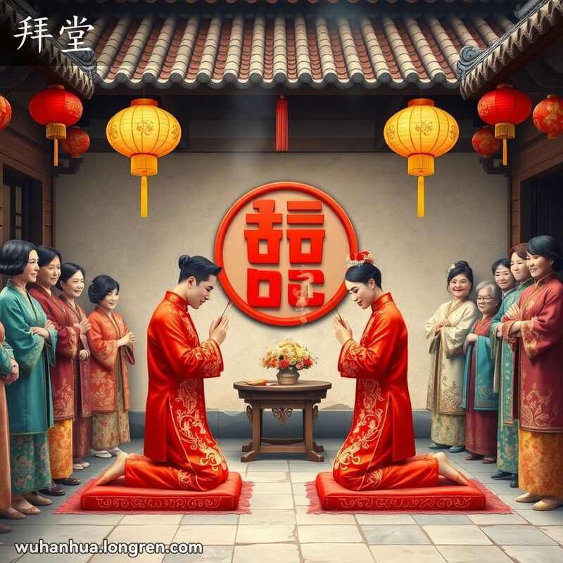 新郎新娘在武汉老院子里向天地行礼，亲友们微笑观看，背景有双喜字和灯笼