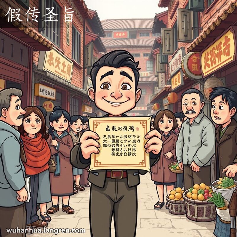 一位狡猾的男子站在武汉老街上，手持假圣旨欺骗周围的人们，背景是武汉老街景